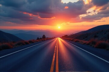 A mountain road with a beautiful sunset in the background..New Year 2026.