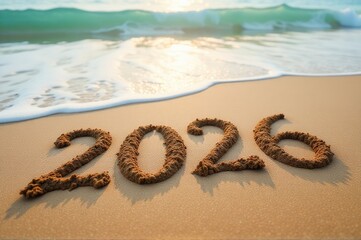 A single word '2020' written in the sand on a sunny day at the beach..New Year 2026.