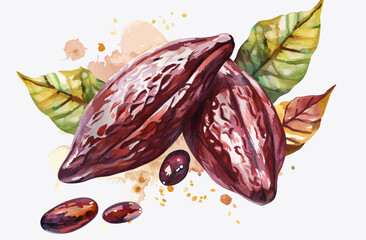 Vector illustration of cacao fruit and leaves on white background 