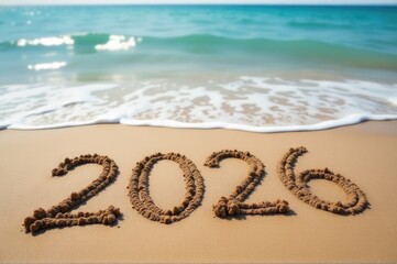 A scenic beach with the word '2020' written in the sand, ideal for representing a new decade or milestone..New Year 2026.