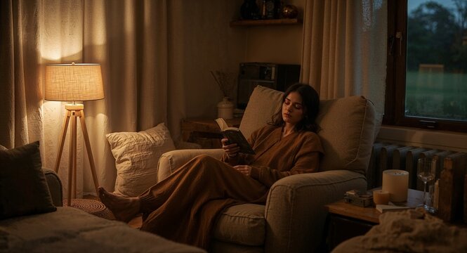 A woman reading a book in a cozy armchair by a lamp in a dimly lit living room at dusk or night