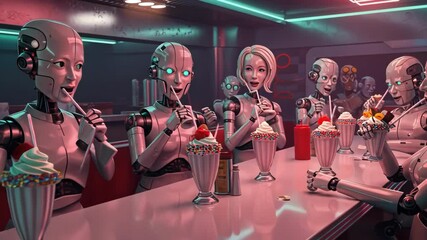 Robots in a diner enjoying milkshakes, futuristic concept art - Powered by Adobe