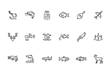 Outline icons of hunting fishing equipment including fish deer knives vest Bundle