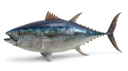 Fototapeta premium High-resolution side profile of a bluefin tuna, showcasing accurate anatomy and proportions, mouth ajar with visible teeth, fins relaxed, on a pure white background, shadowless, 8K detail