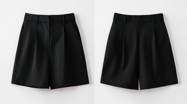 High-rise women&acirc;&euro;&trade;s tailored shorts, front and back flat lay, black color, belt loops visible, clean white backdrop