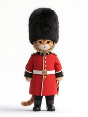 Cute ginger cat in a British guardsman uniform, wearing a bearskin hat, standing at attention in a studio,  3D render of adorable pet in red coat