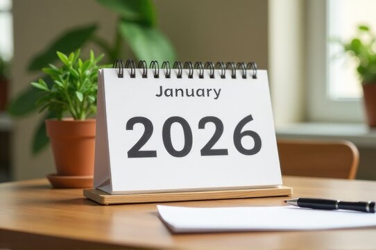 A desk with a calendar and pen on it, ideal for office or workspace..New Year 2026.