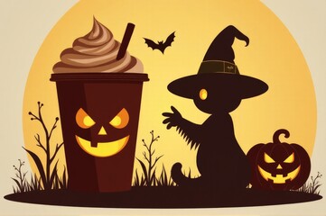 A witch sipping coffee in a spooky Halloween setting, great for fall or autumn themed designs..New Year 2026.