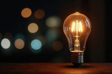 A single light bulb sits on a wooden table..New Year 2026.