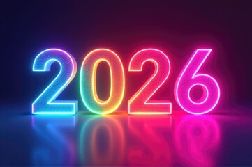 A neon sign displaying the year 2026 in bright, eye-catching colors..New Year 2026.
