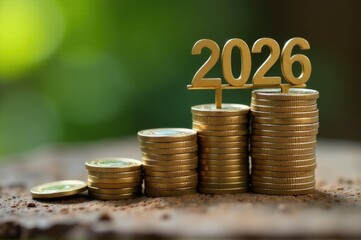 A pile of coins with the number 202 on top, often used in financial or monetary contexts..New Year 2026.