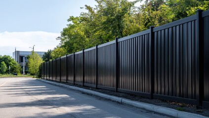 Long dark metal fence runs alongside cracked asphalt road, bordered by lush green trees