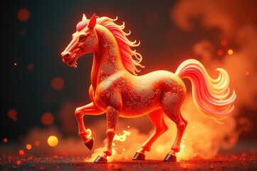 A toy horse runs through a burning field, with flames and smoke in the background..New Year 2026.