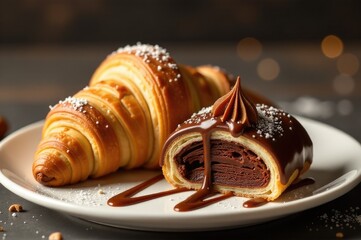 A flaky chocolate croissant with a bite taken out, perfect for a morning coffee break or afternoon snack..New Year 2026.