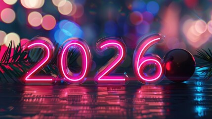 Neon glowing 2026 numbers with vibrant pink purple lights on dark background. New Year celebration banner or invitation concept