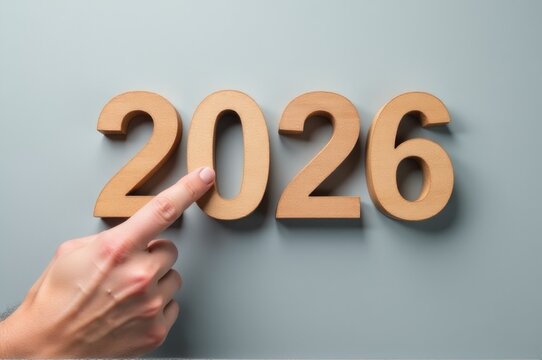A person points at a wooden sign reading '2026' in a straightforward and informative manner, suitable for use as a calendar or planning image..New Year 2026.