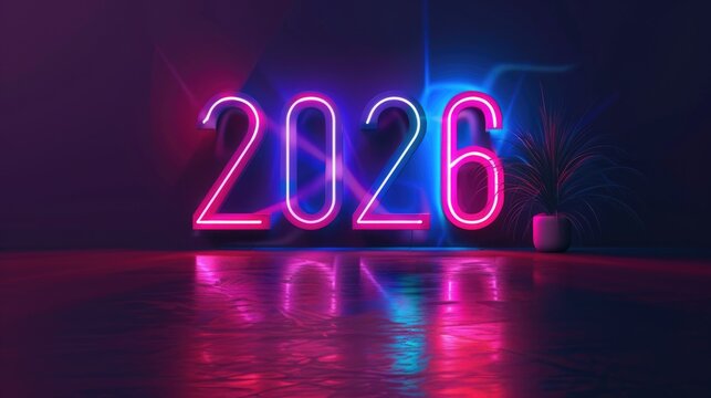 Neon glowing 2026 numbers with vibrant pink purple lights on dark background. New Year celebration banner or invitation concept - Powered by Adobe