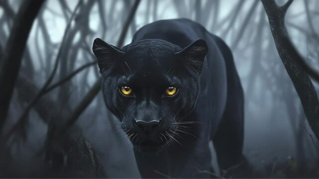 A majestic black panther with piercing yellow eyes walks slowly through a misty forest, showing off its wild beauty and strength. A mighty black jaguar, stalks through a dark, mysterious forest.