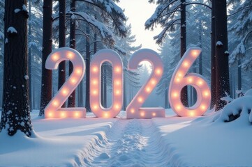 A vintage-style road sign buried in fresh snow with the year 2016 written on it..New Year 2026.