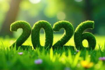 A number made from grass blades on a lush green lawn..New Year 2026.
