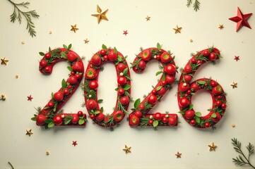A creative arrangement of apples and Christmas decorations forming a unique number shape..New Year 2026.