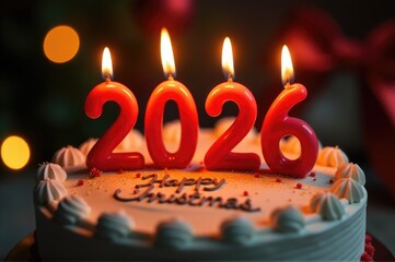 A colorful birthday cake with lit candles on top, perfect for celebrations and parties..New Year 2026.