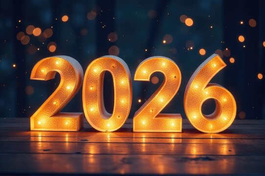 A wooden table with two lighted numbers on top..New Year 2026.