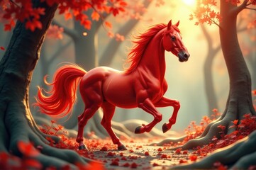A red horse runs freely through a dense woodland scene, with sunlight filtering through the trees..New Year 2026.
