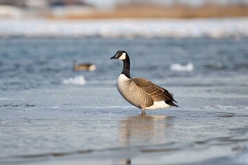 Obraz premium A graceful Canadian goose standing by the calm waters, showcasing its elegant plumage.