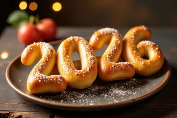 A plate filled with delicious-looking doughnuts covered in powdered sugar, perfect for breakfast or snack..New Year 2026.