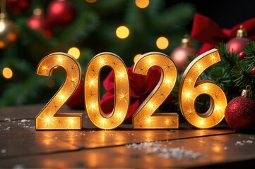 A wooden table decorated with Christmas lights and ornaments..New Year 2026.