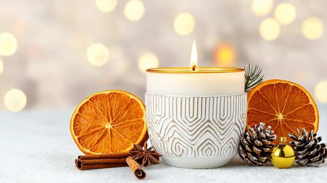 A decorative candle burns brightly beside dried orange slices, cinnamon sticks, pinecones, and festive ornaments in a cozy setting.