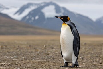 Fototapeta premium A solitary emperor penguin stands proudly against a backdrop of majestic mountains.