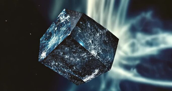 A dark, transparent cube with glowing energy floats and rotates in space.