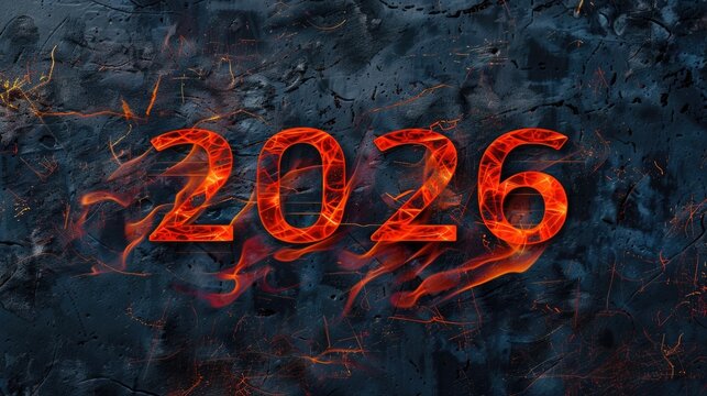 Burning fire numbers 2026 with bright orange flames on dark smoky background for New Year concept