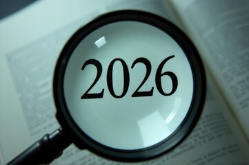 A close-up of a magnifying glass placed over an open book with the year 2025 written inside..New Year 2026.