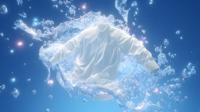Clean white shirt elegantly floats amidst a burst of shimmering water droplets