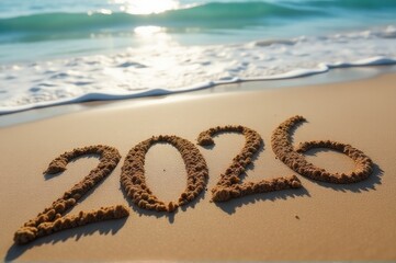 A close-up shot of the year 2006 written in the sand on a beach..New Year 2026.