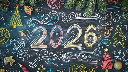 Obraz premium Colorful hand drawn 2026 numbers with decorative doodles on dark chalkboard background. New Year celebration banner or invitation concept