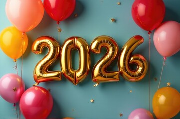 A bunch of colorful balloons with the year 2020 written in bold numbers, perfect for celebrating a milestone event or adding a personal touch to any occasion..New Year 2026.