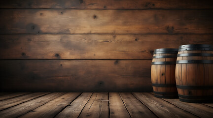 Abstract beer barrels in rich brown and warm tones, vintage brewery style with space for text