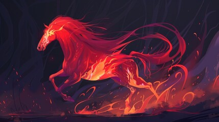 Majestic fire horse with flowing flame mane and sparks on dark background. Chinese zodiac symbol of 2026 Fire Horse Year