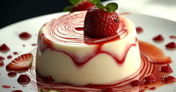 Close-up of a creamy panna cotta dessert with strawberry swirls and fresh strawberries.