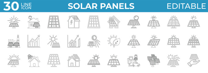 Clean solar panel icons for energy, eco, and power system design

