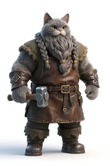 Grey cat fantasy character, a furry dwarf blacksmith with braided hair, holding a hammer, wearing a leather apron and boots, against a white background; cute, funny, medieval, game asset, 3D rendering