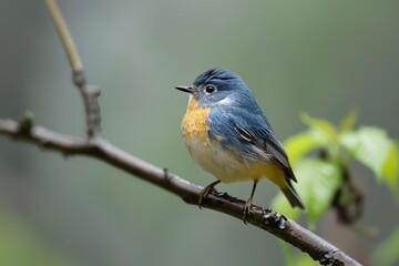 Fototapeta premium A vibrant blue and orange bird perched gracefully on a branch amidst soft green foliage.