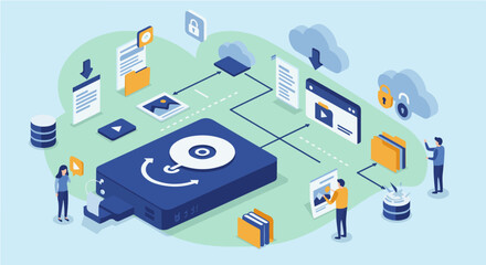 Comprehensive Data Storage, Management & Cloud Computing Ecosystem. Isometric illustration of a data storage ecosystem with a hard drive, cloud, documents, and interacting figures.