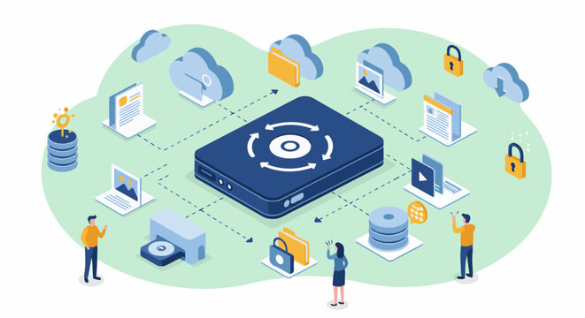 Comprehensive Data Storage, Management & Cloud Computing Ecosystem. Isometric illustration of a data storage ecosystem with a hard drive, cloud, documents, and interacting figures.