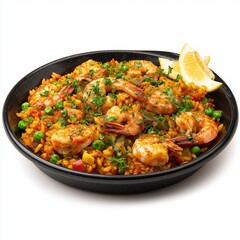 Fototapeta premium A Delicious seafood paella with prawns and vegetables on a plate isolated on a white background