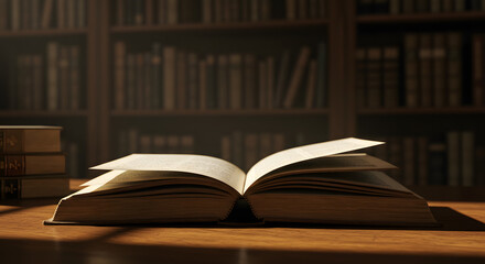Fototapeta premium Open Book on Wooden Table in Classic Library Setting